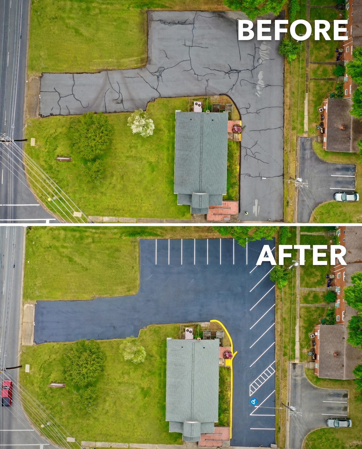 Church parking lot before and after